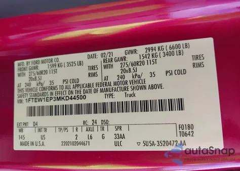 2021 Ford F-150 Xlt z USA, uszkodzony, nr VIN 1FTEW1EP3MKD44500